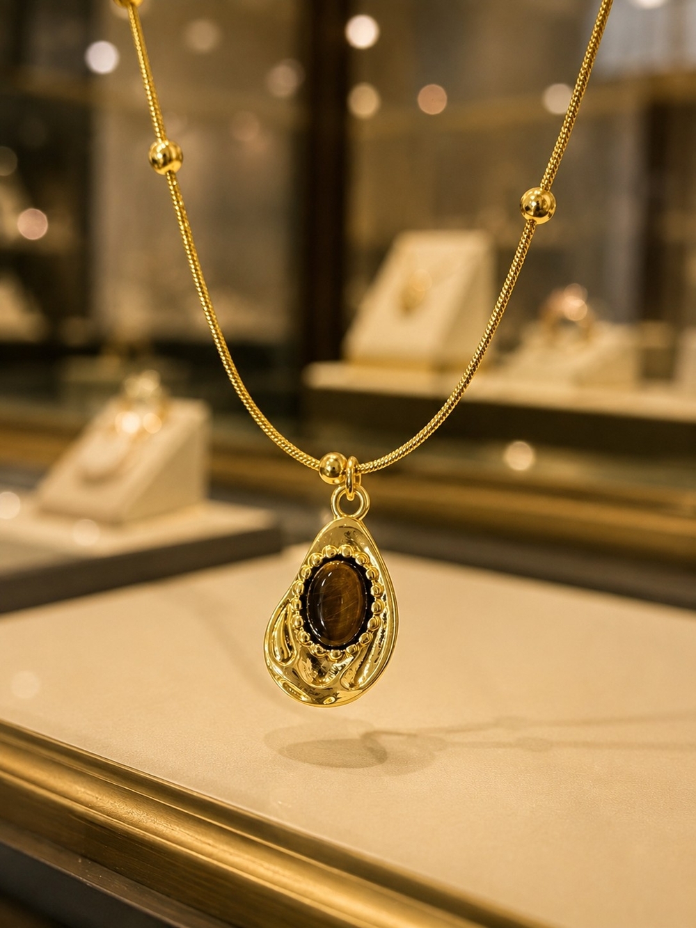 Gold Teardrop Pendant Necklace with Brown Stone